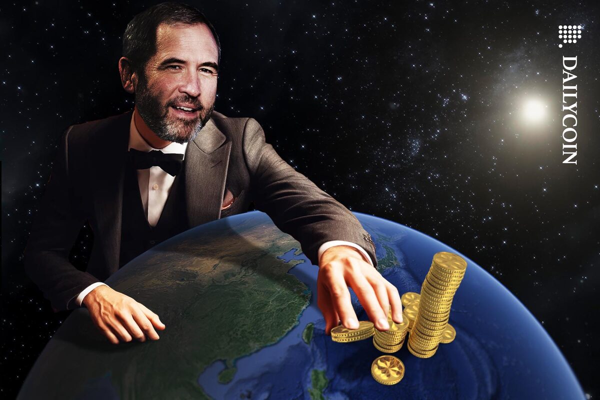 Brad Garlinghouse placing golden coins around Asia on Earth.