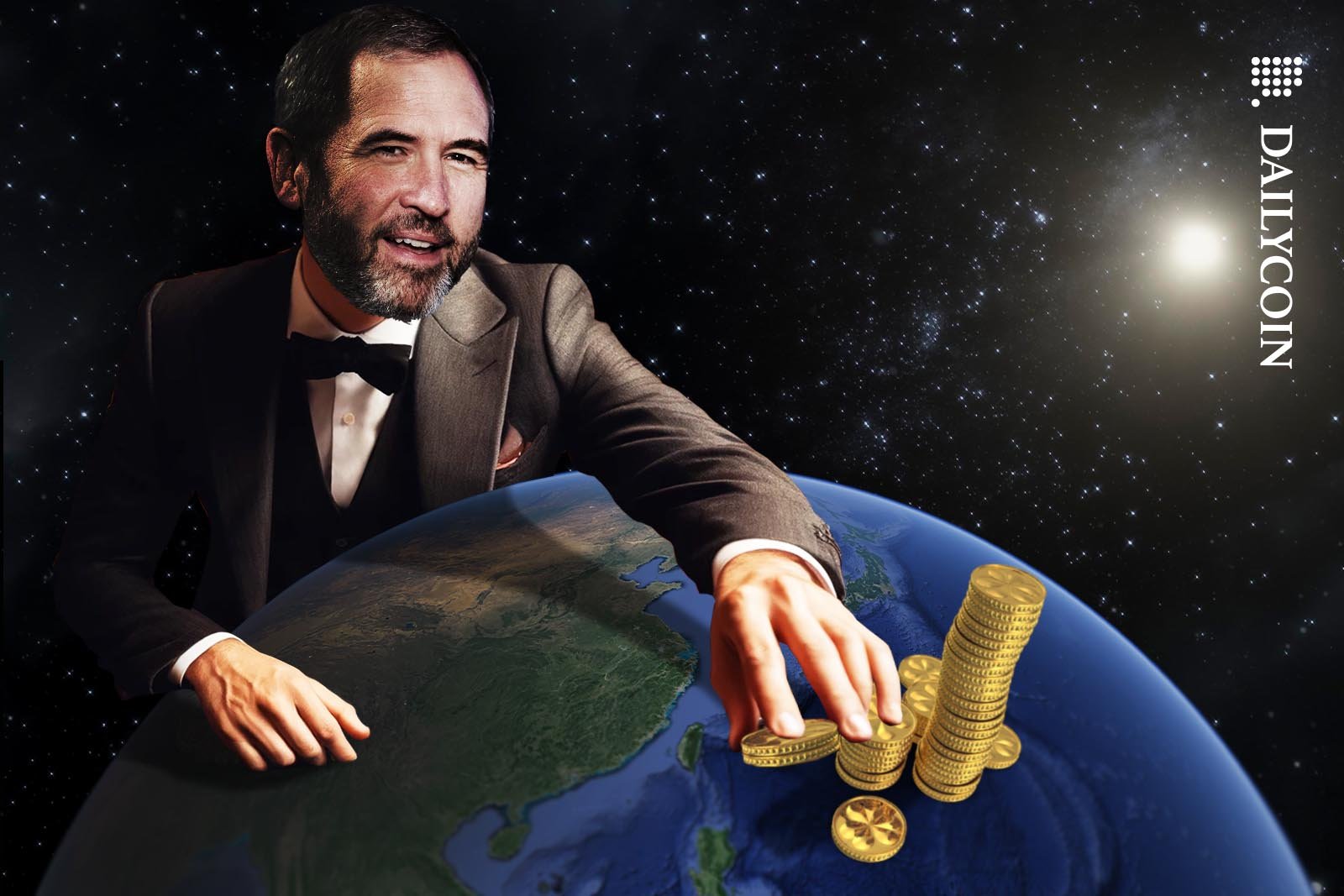 Brad Garlinghouse placing golden coins around Asia on Earth.