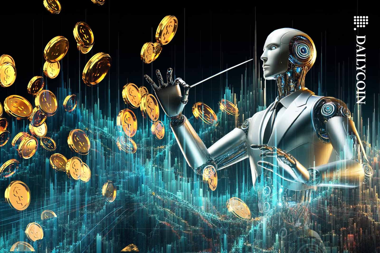 A futuristic robot conductor in action, surrounded by charts and golden coins.