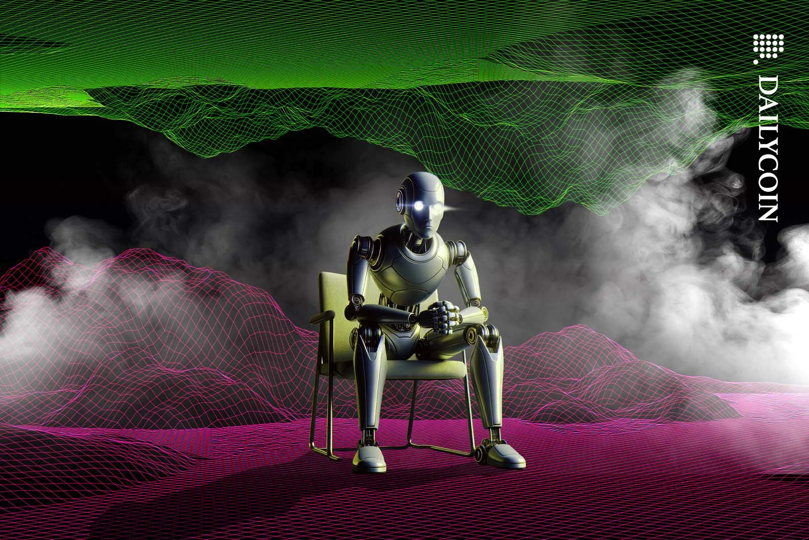 A robot sitting on a chair, waiting in a digital limbo.