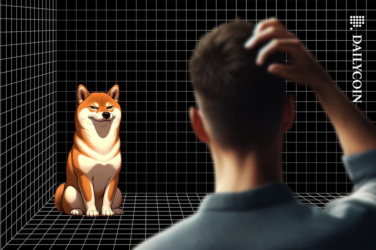 Man scratching his head in confusion as a Shiba Inu looking at him with a suspicious smurk on his face.