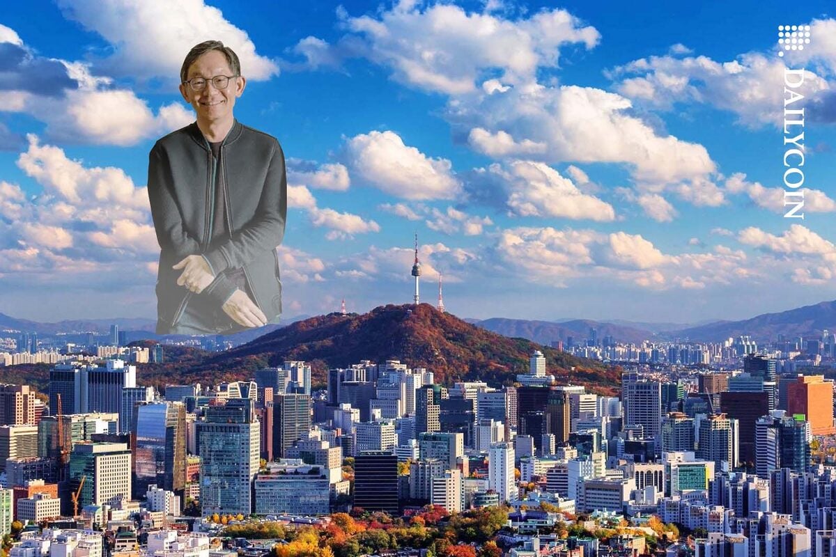 Evan Cheng towering above Seoul.