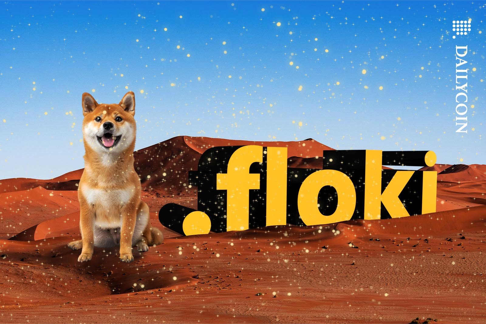 Shiba Inu sitting next a ".floki" sign in a desert.