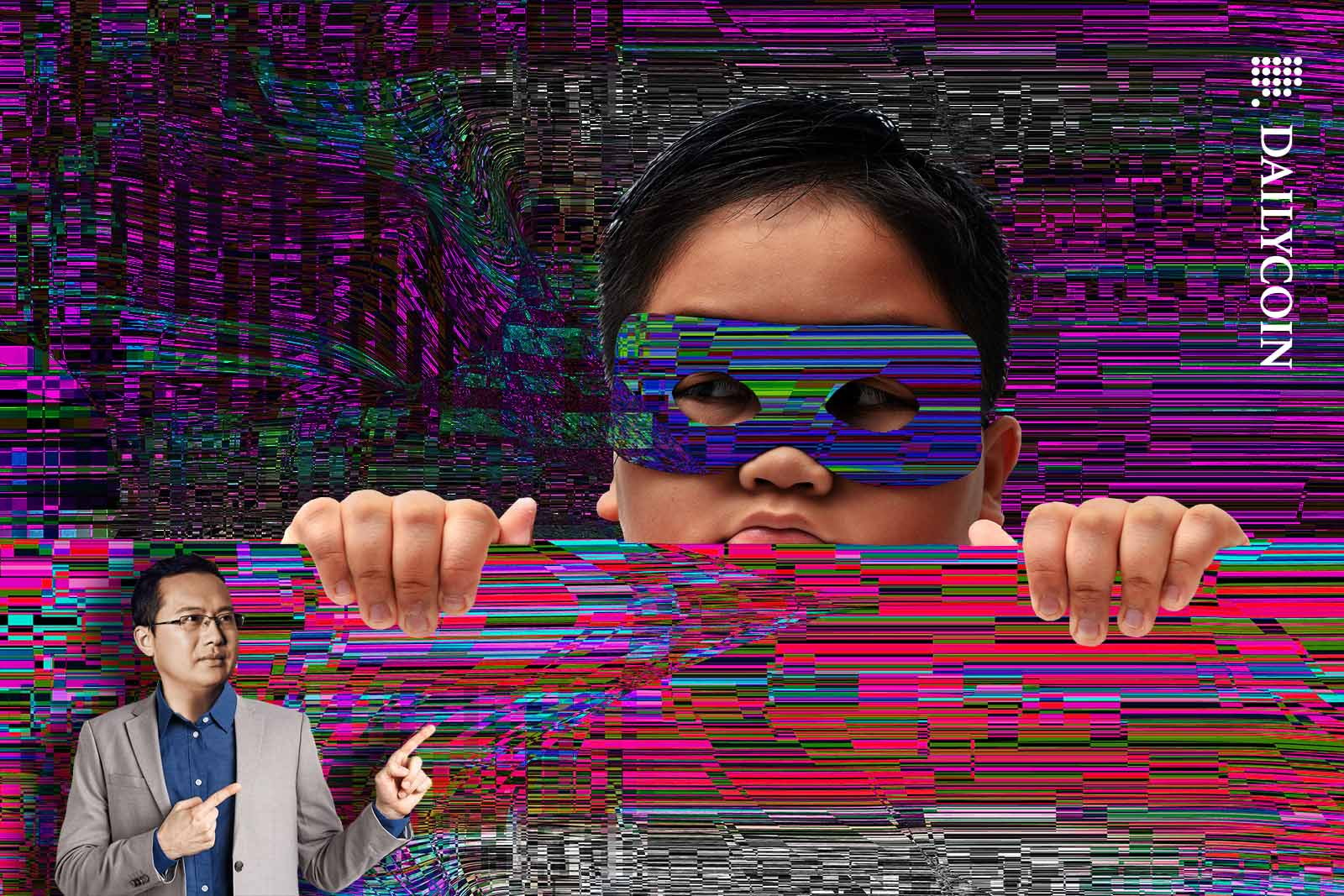 Star Xu pointing at a huge boy peaking out from behind digital noise wearing a noise mask.