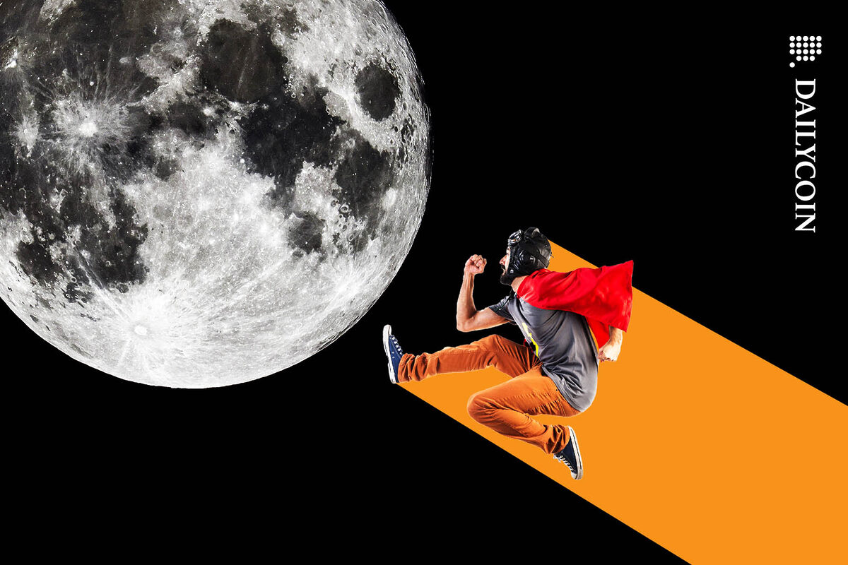 Superhero type figure running towards the moon, leaving an orange trail.