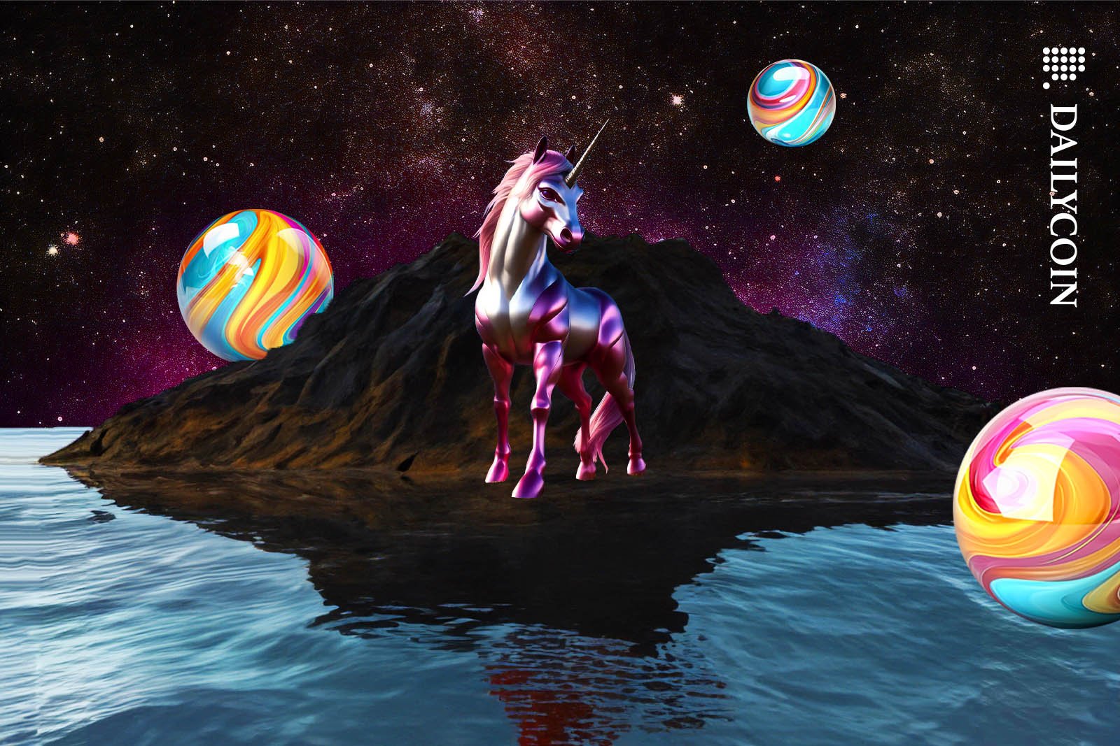 Pink Unicorn standing on Anon Island surrounded by colourful spheres.