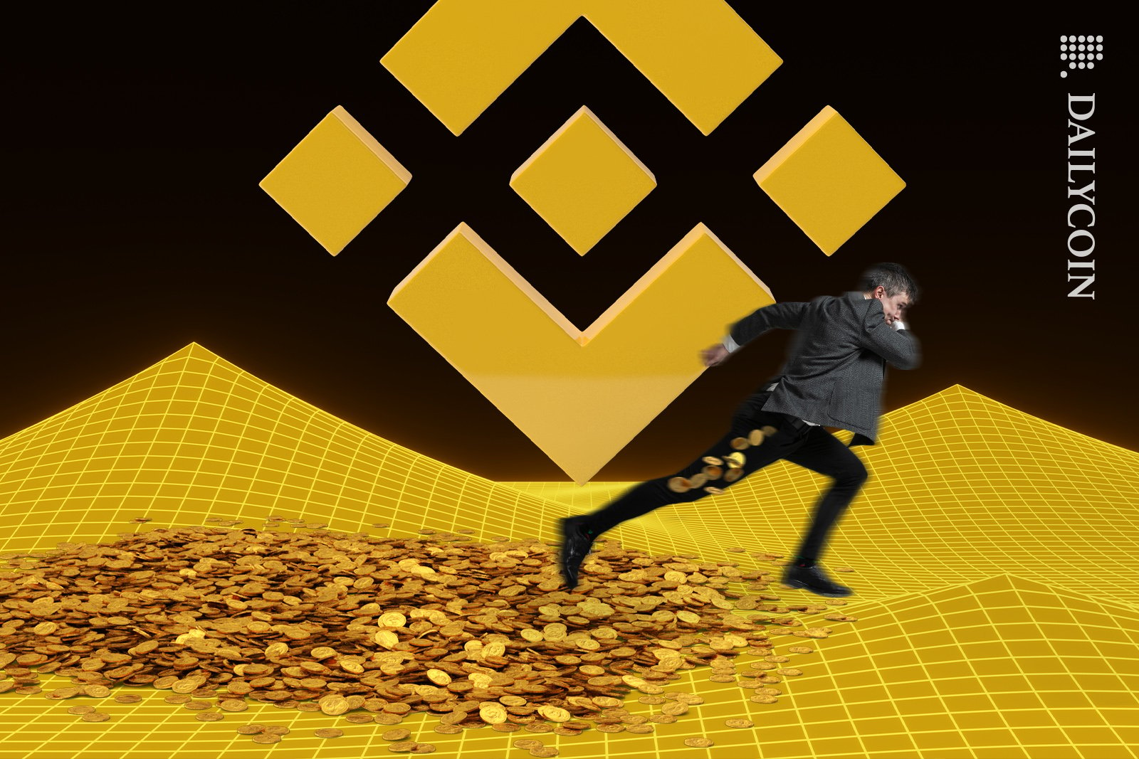 Guy running away from a pile of his coins on Binance and some coins are falling from his pocket.