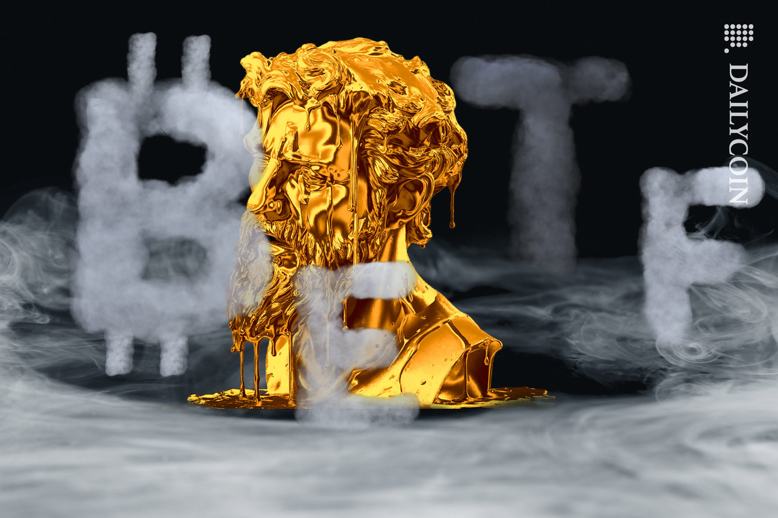 Man frozen, dripping in liquid gold at a foggy mysterious land of Bitcoin ETF.