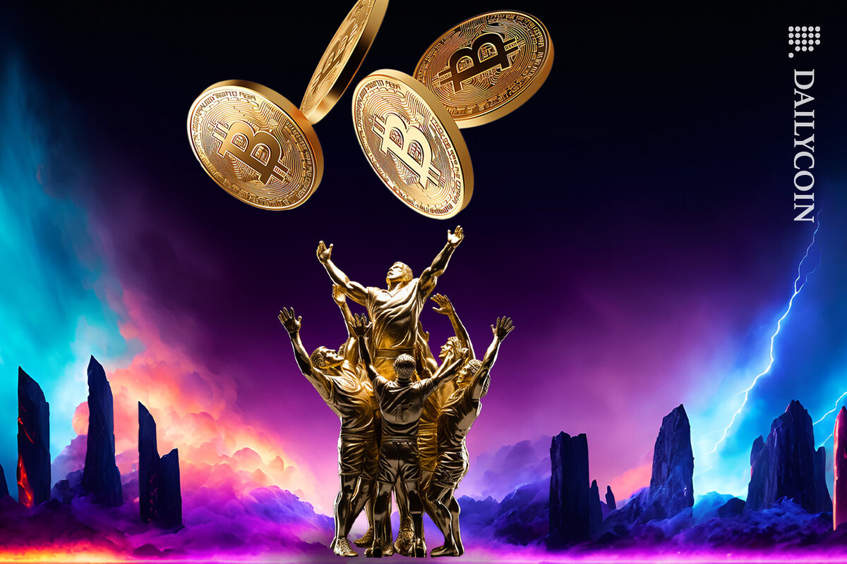 Golden people reaching up to bitcoins.