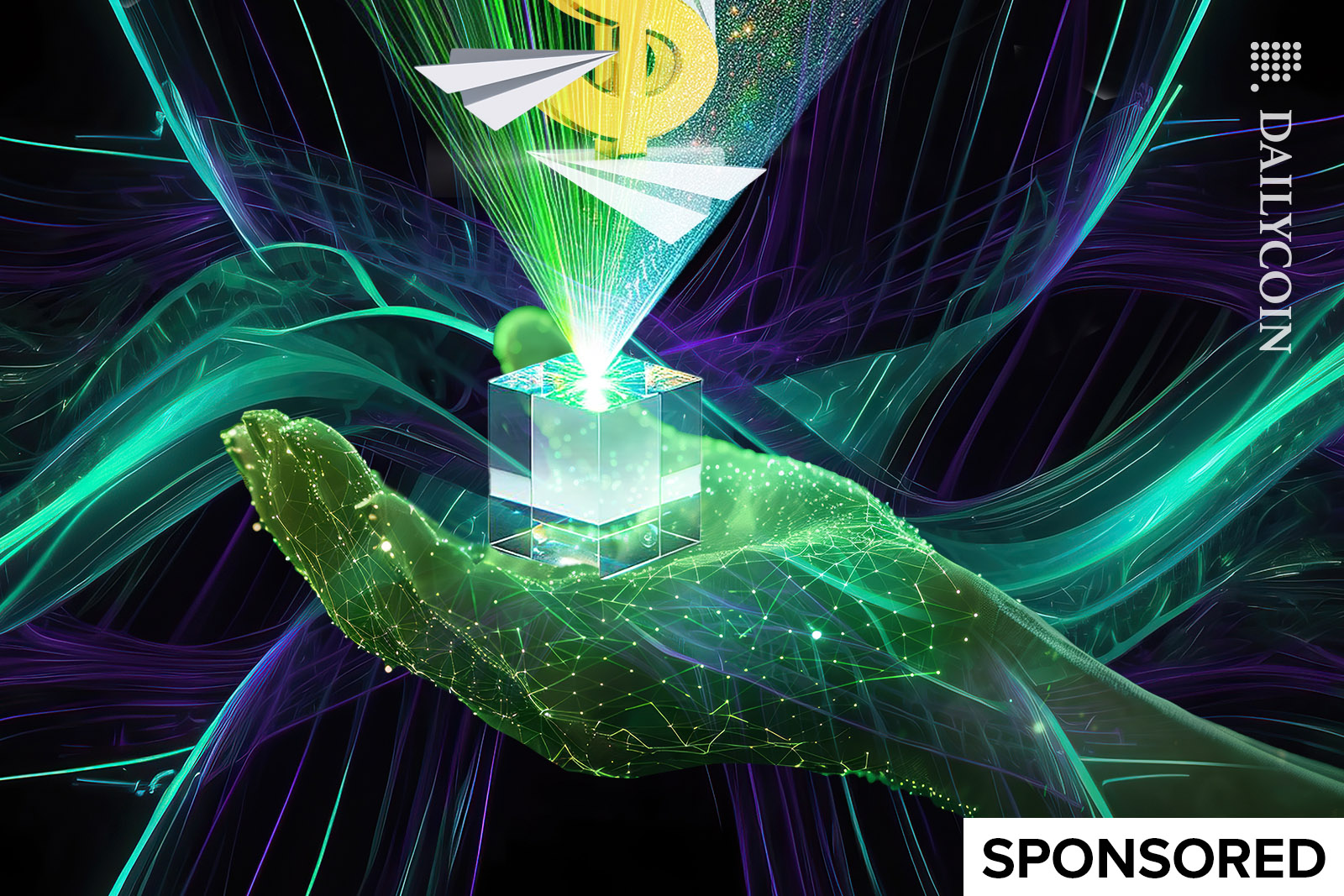 Digital hand holding a blockchain cube with a dollar and paper planes are flying around.