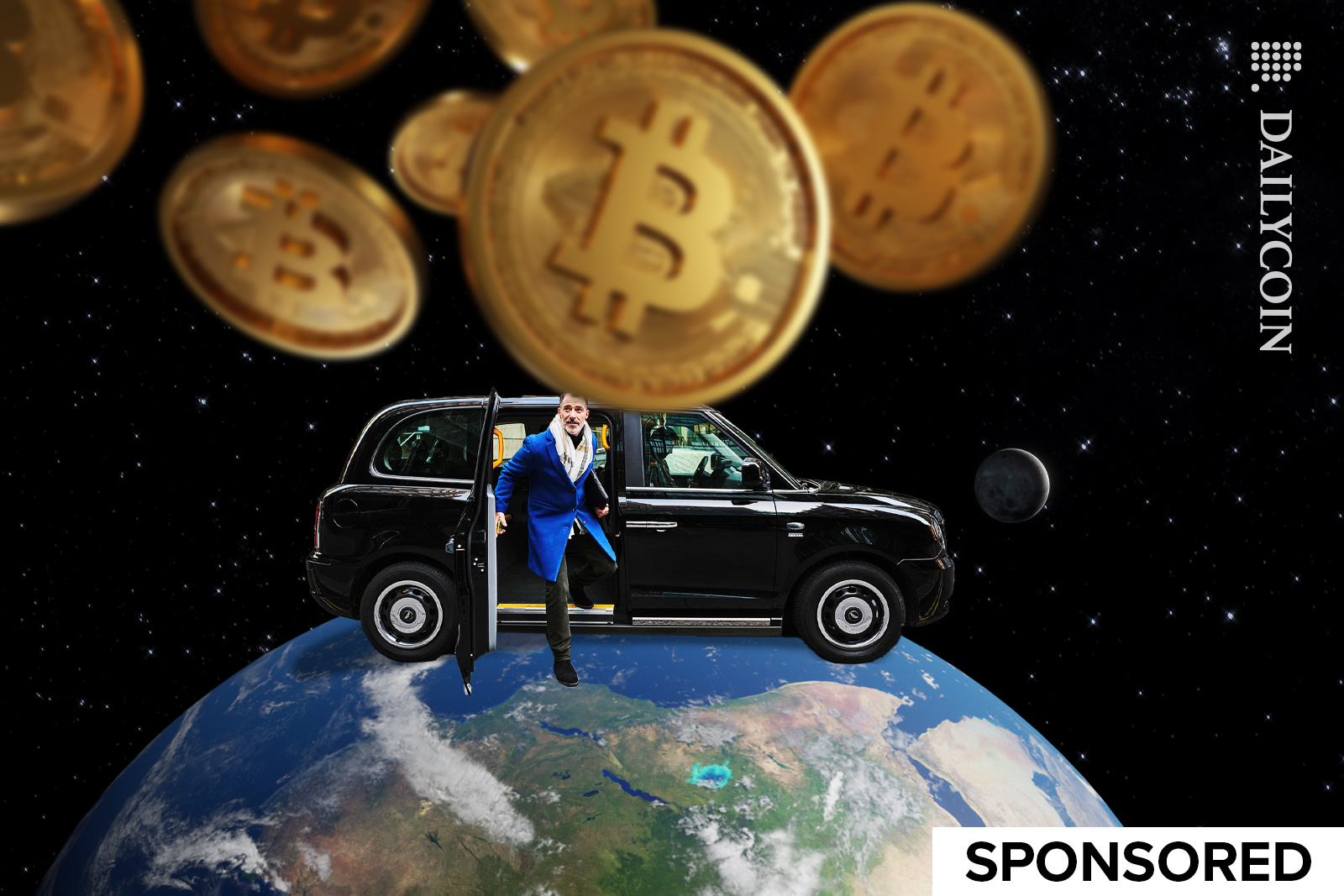 Man arriving in a black cab to see bitcoins in space.