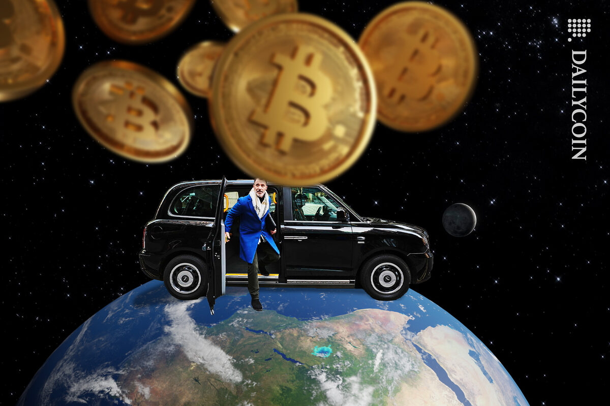 Man arriving in a black cab to see bitcoins in space.
