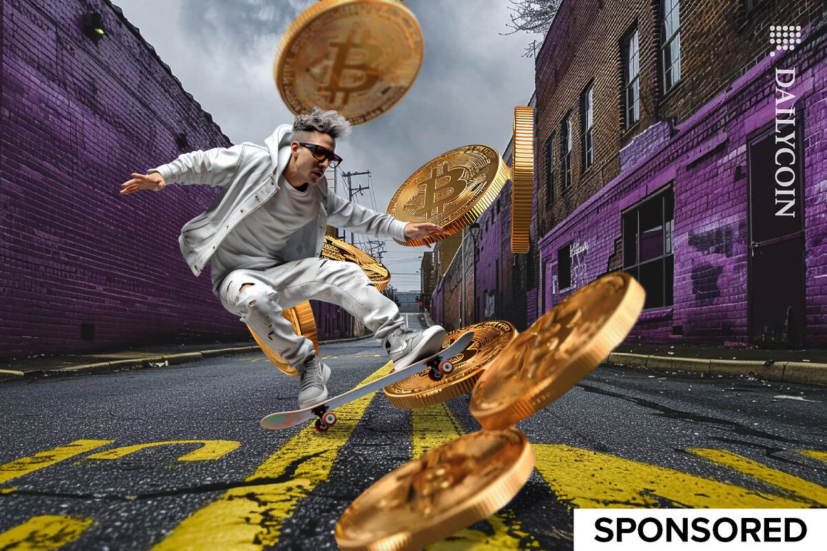 Guy skating on flying bitcoins in the street.