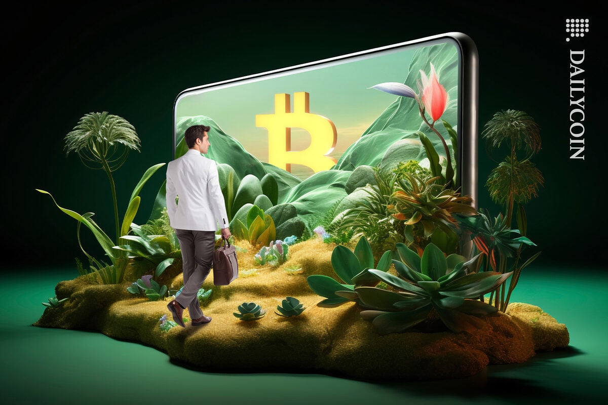 Business man walking towards a green land in the mobile screen and a bitcoin is peeking out.