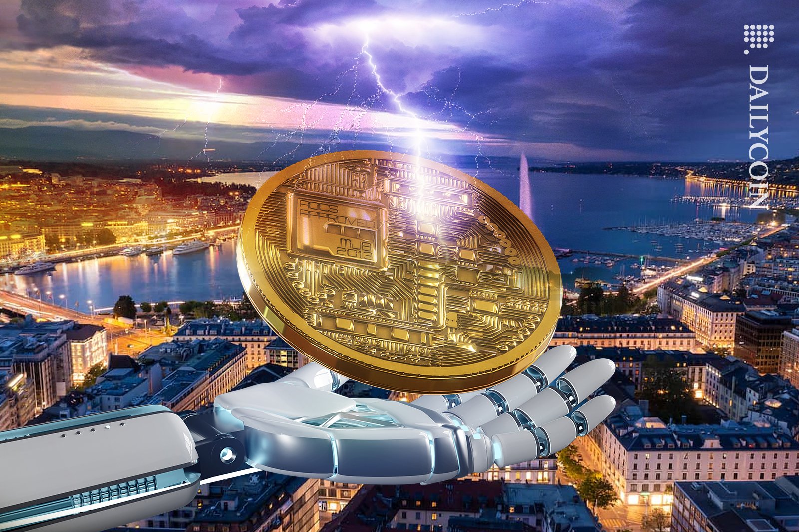 Robot hand holding a crypto coin getting powered with lighting in Geneva.