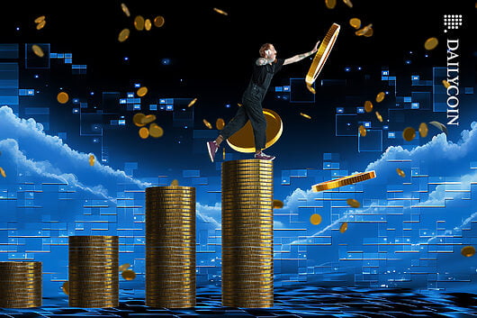 Guy going on coin stacks, catching coins.