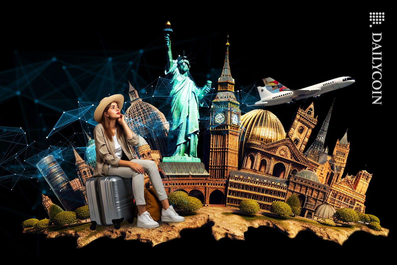 Girl dreaming about taking a trip with blockchain.