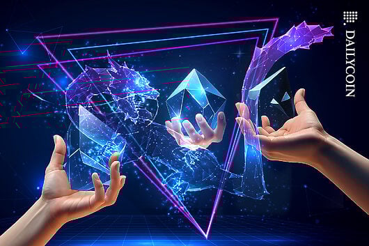 Hands trading blockchain gems with a dragon.