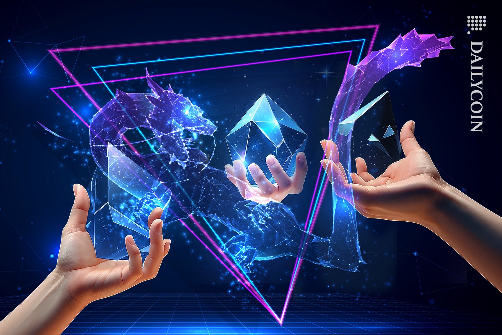 Hands trading blockchain gems with a dragon.