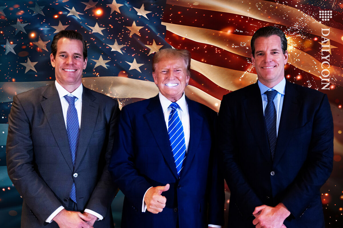 Donald Trump smiling next to Tyler and Cameron Winklevoss.
