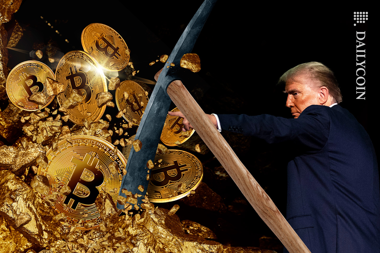 Trump with a giant pickaxe mining Bitcoin.