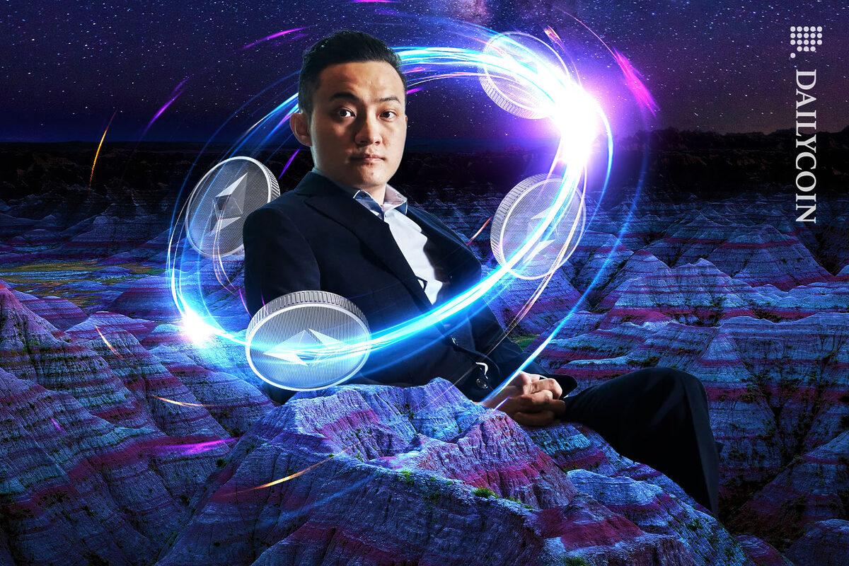 Justin Sun surrounded by low peak mountains and power of Ethereum.