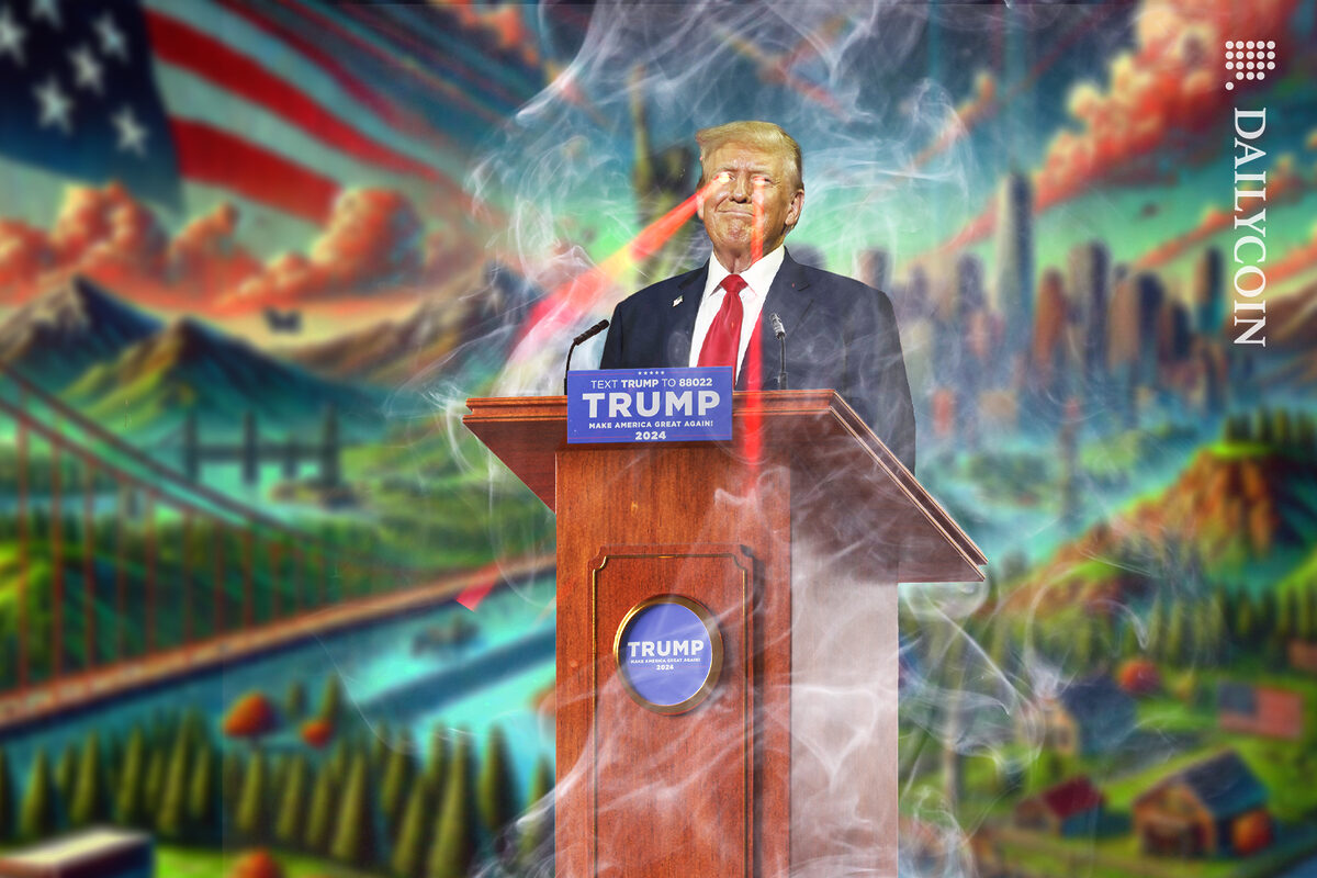 Trump at the elections podium with laser eyes and smoke surrounding him.