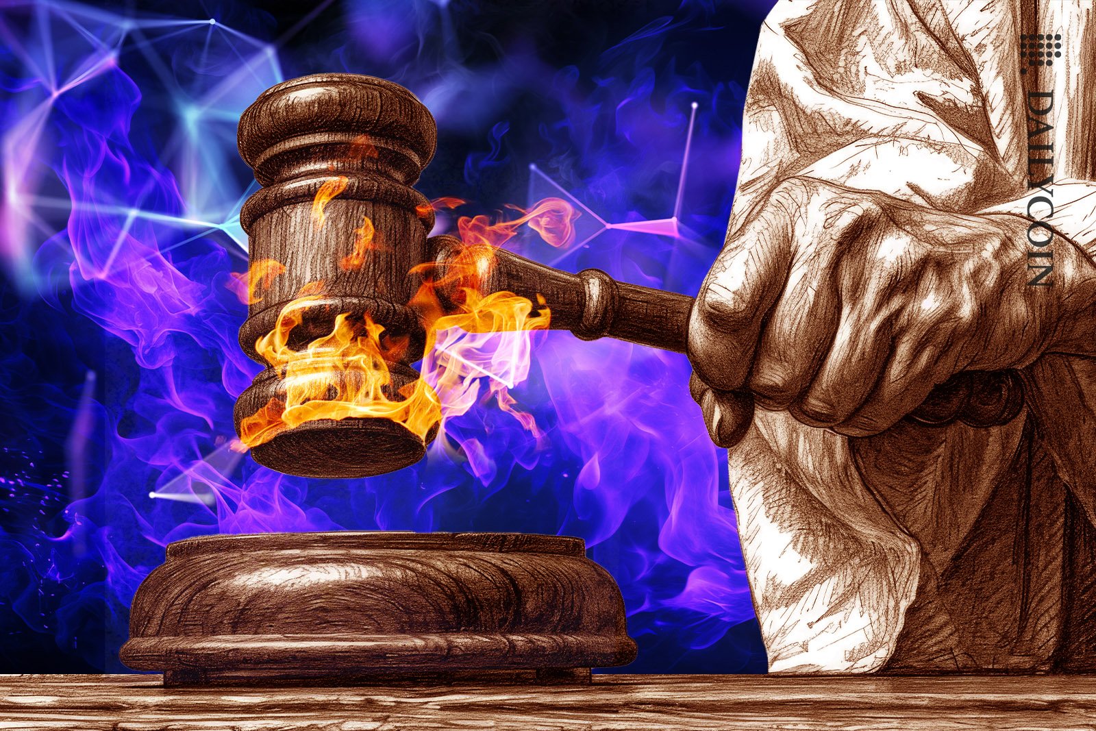 Judge banging his gavel thats on fire.
