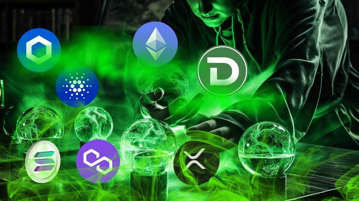 A wizard conjuring crypto tokens.