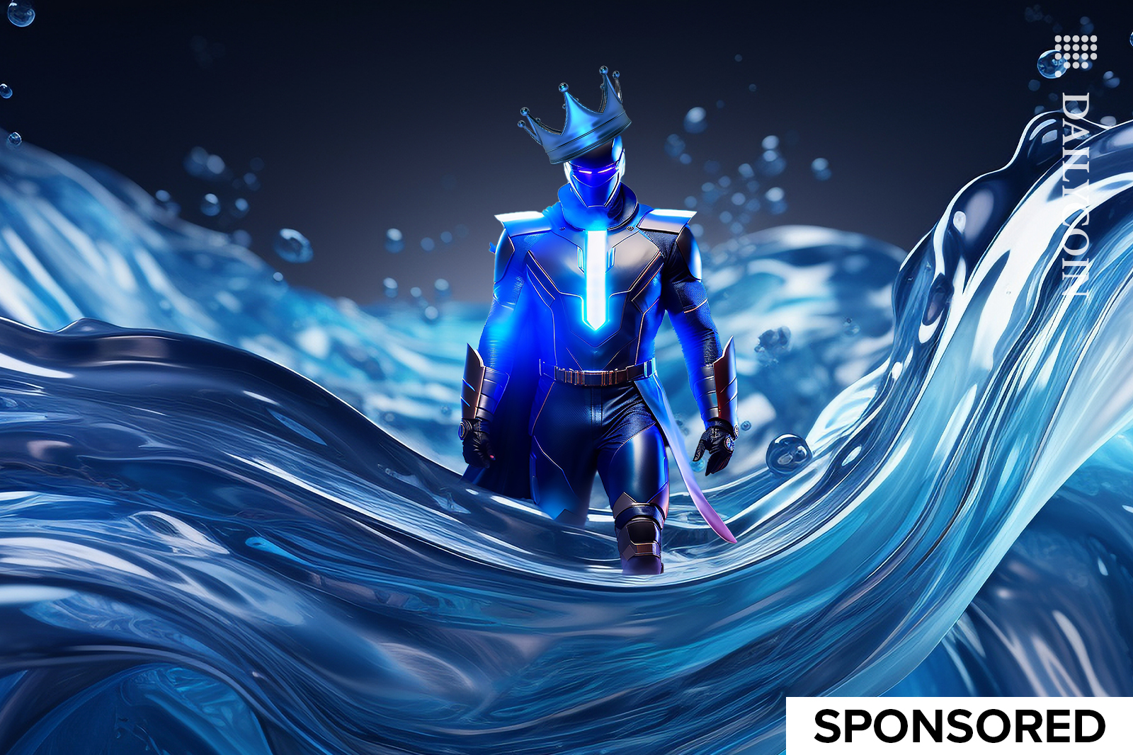 A digital king looking like a superhero stepping out the blue water.