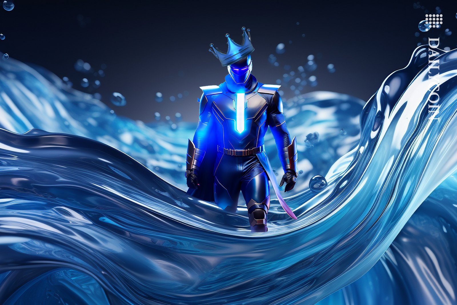 A digital king looking like a superhero stepping out the blue water.