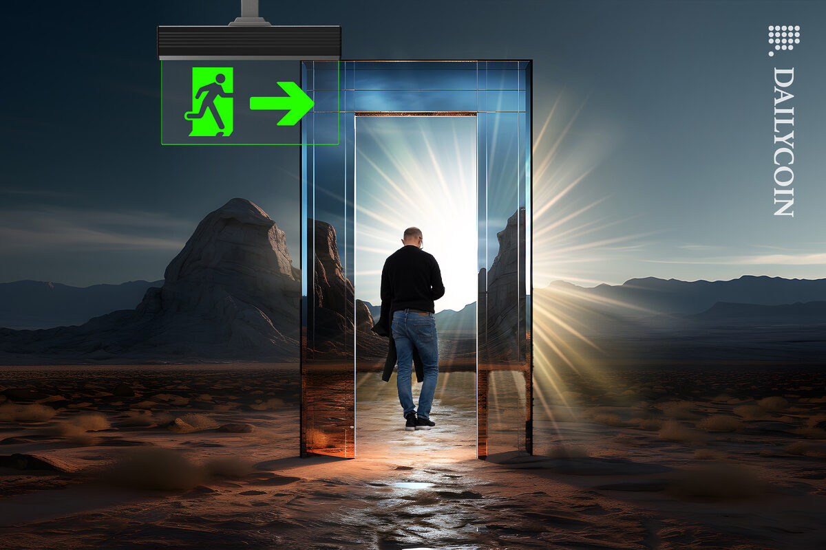 Man walking through the exit sign portal, off to the sunset.