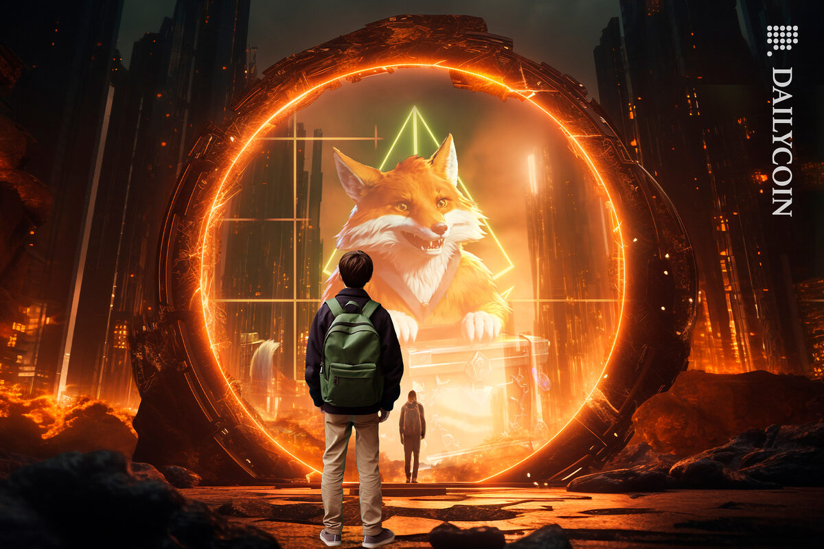 Two people walking to a portal of Metamask who is showing his Ethereum treasure box.