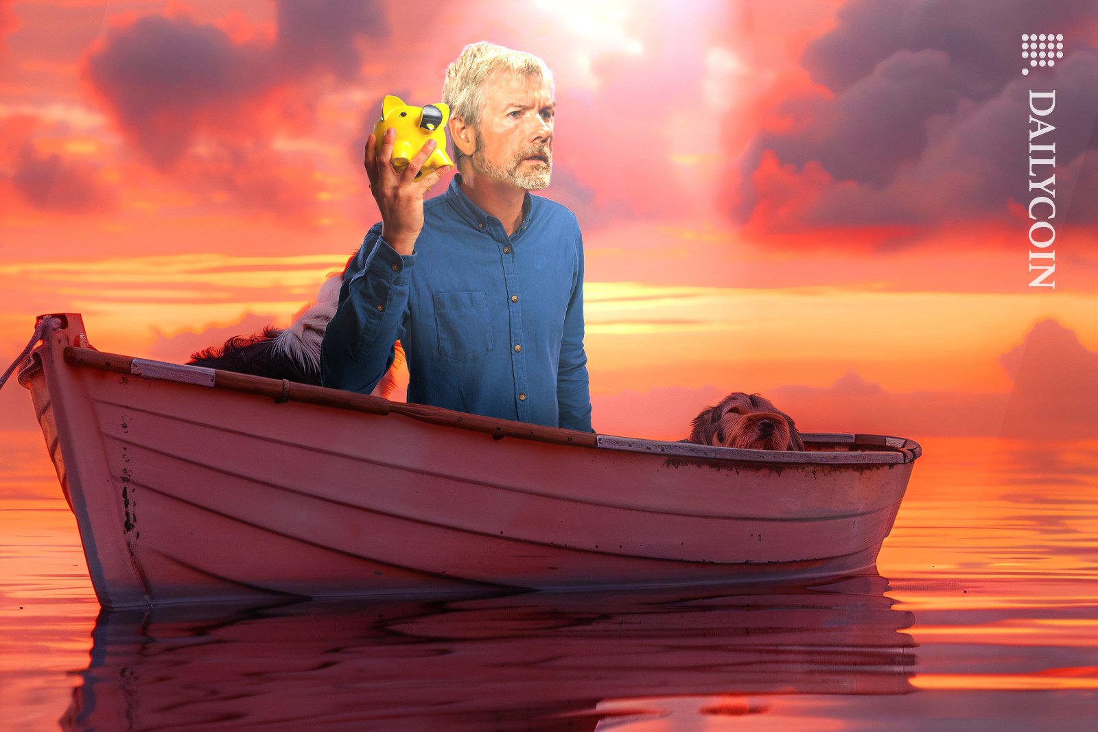 Michael Saylor on a boat holding up his piggy bank.