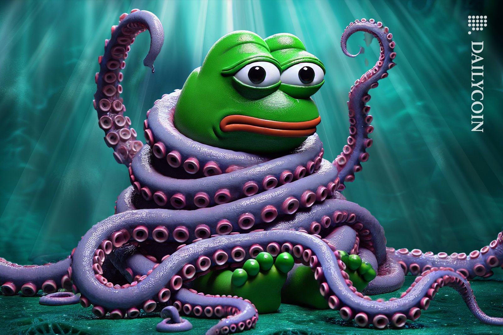 Pepe wrapped up with Kraken tentacles at the bottom of the ocean.