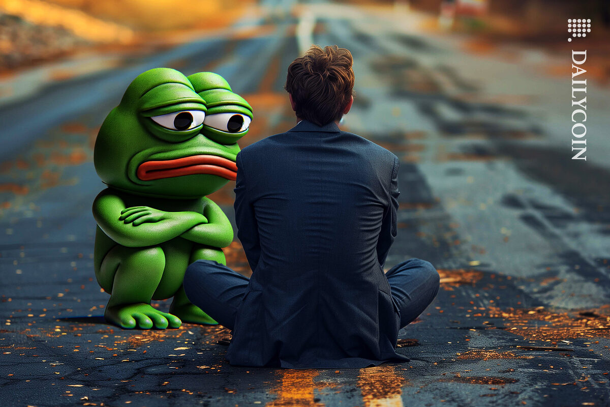 PEPE and his owner sitting sad on a road.