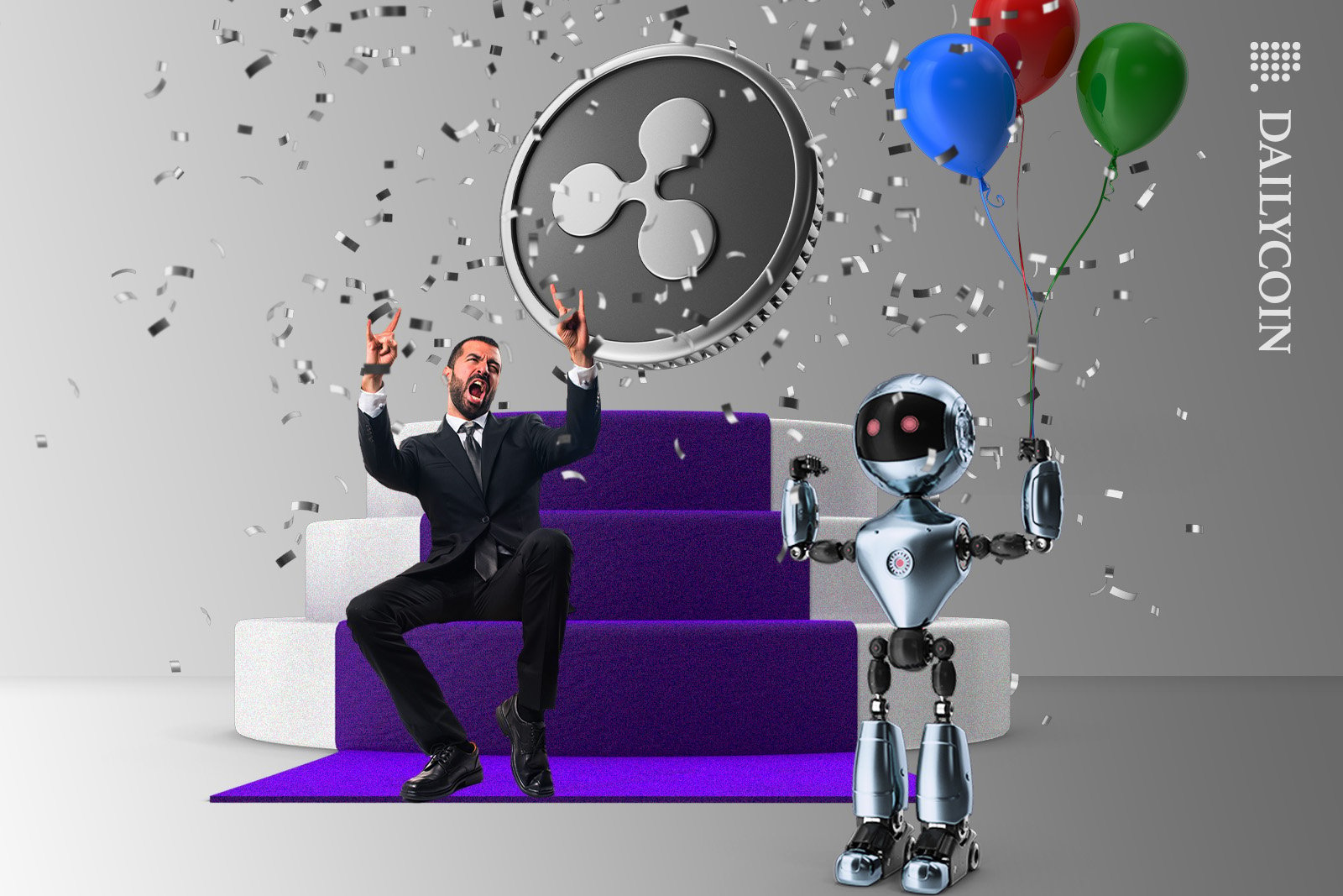 Guy and robot celebrating Ripple coin.