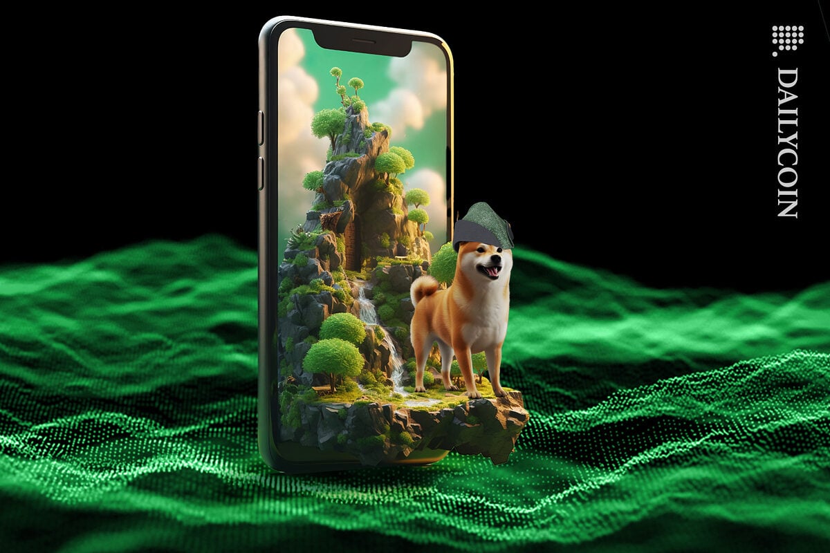 Shiba inu wearing a robinhood hat coming out of a natural green land from a mobile to a defi digital land.