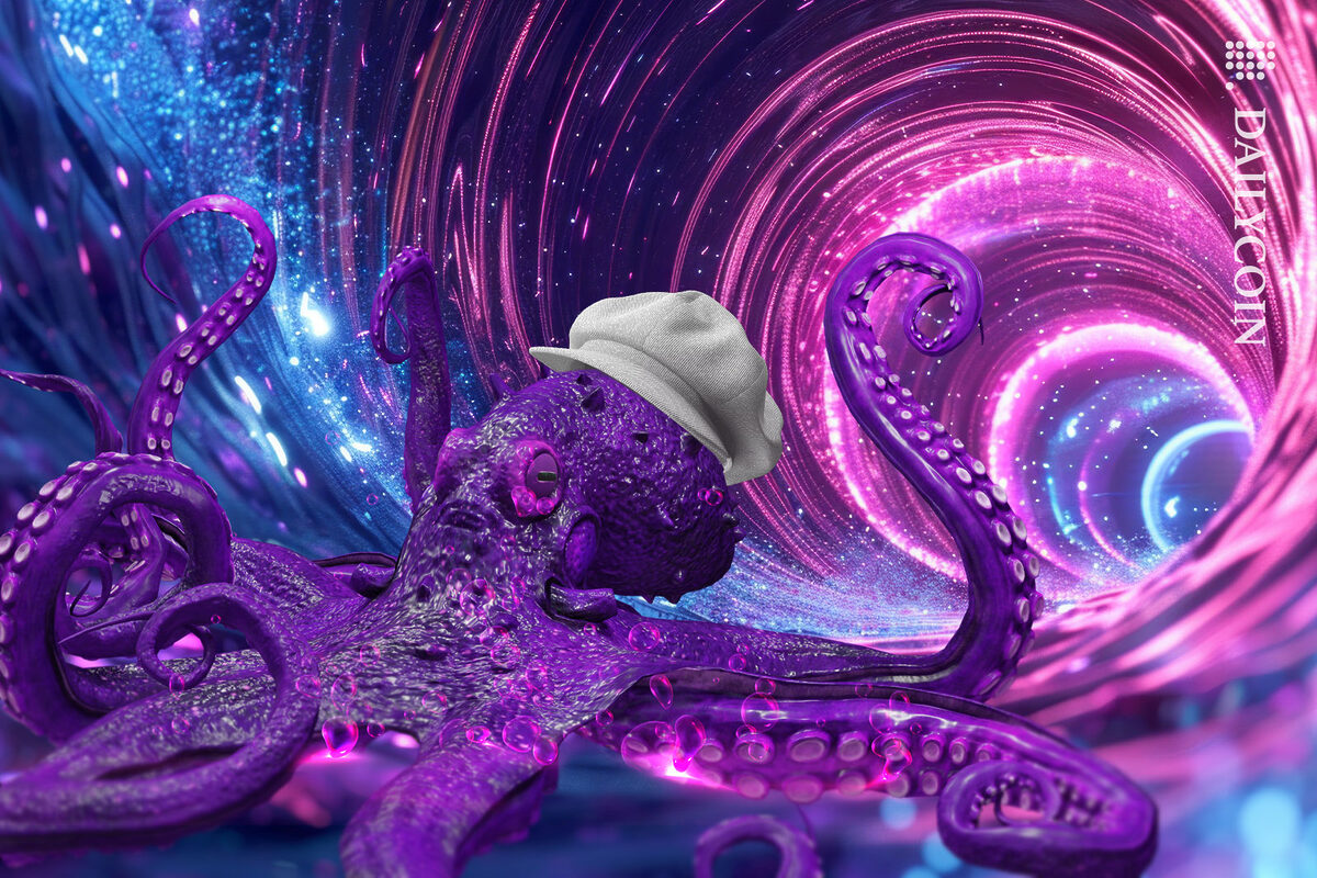 Kraken in his digital colourful sewers wearing a white hat.