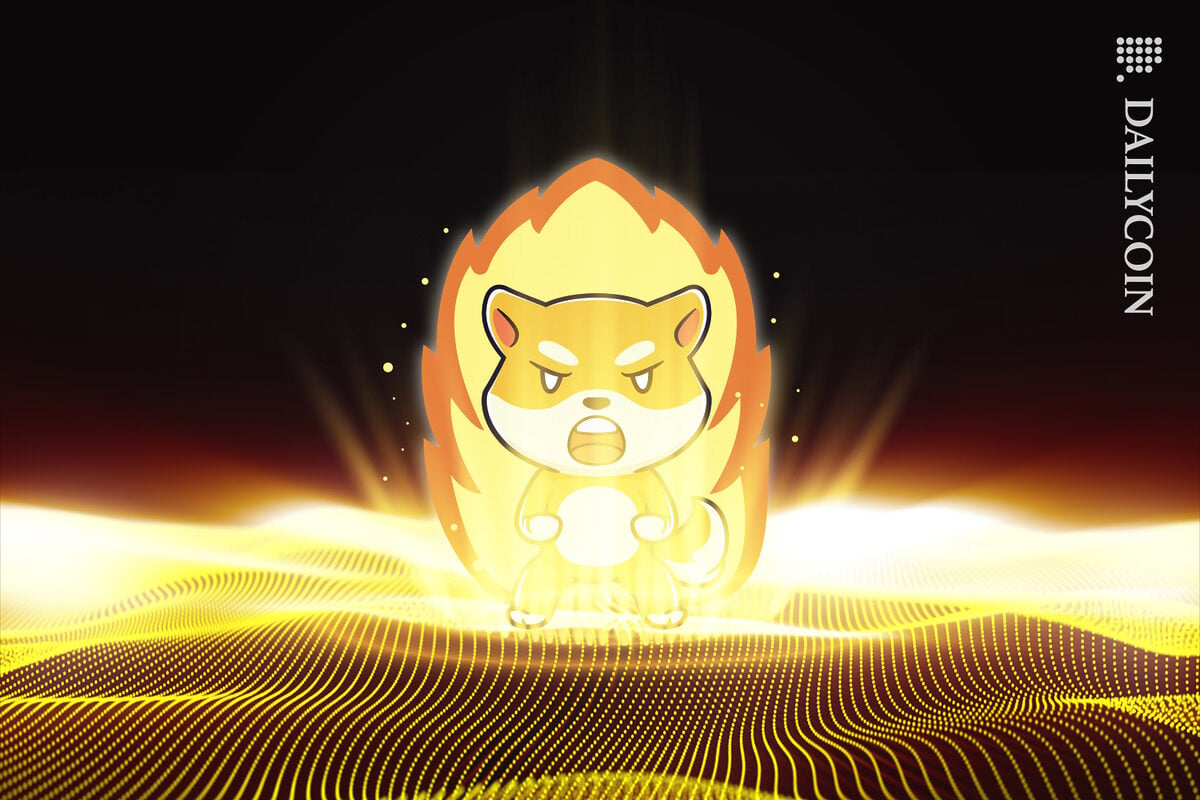 Shiba inu appearing on yellow land from a powerful portal.