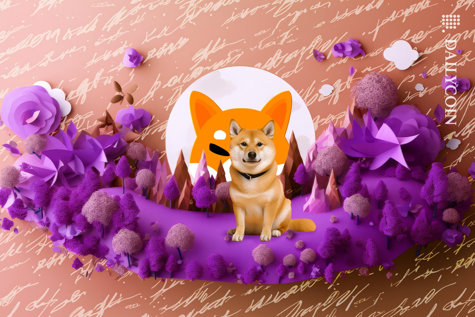 Shiba inu on a floaring land podium with a bunch of signitures.