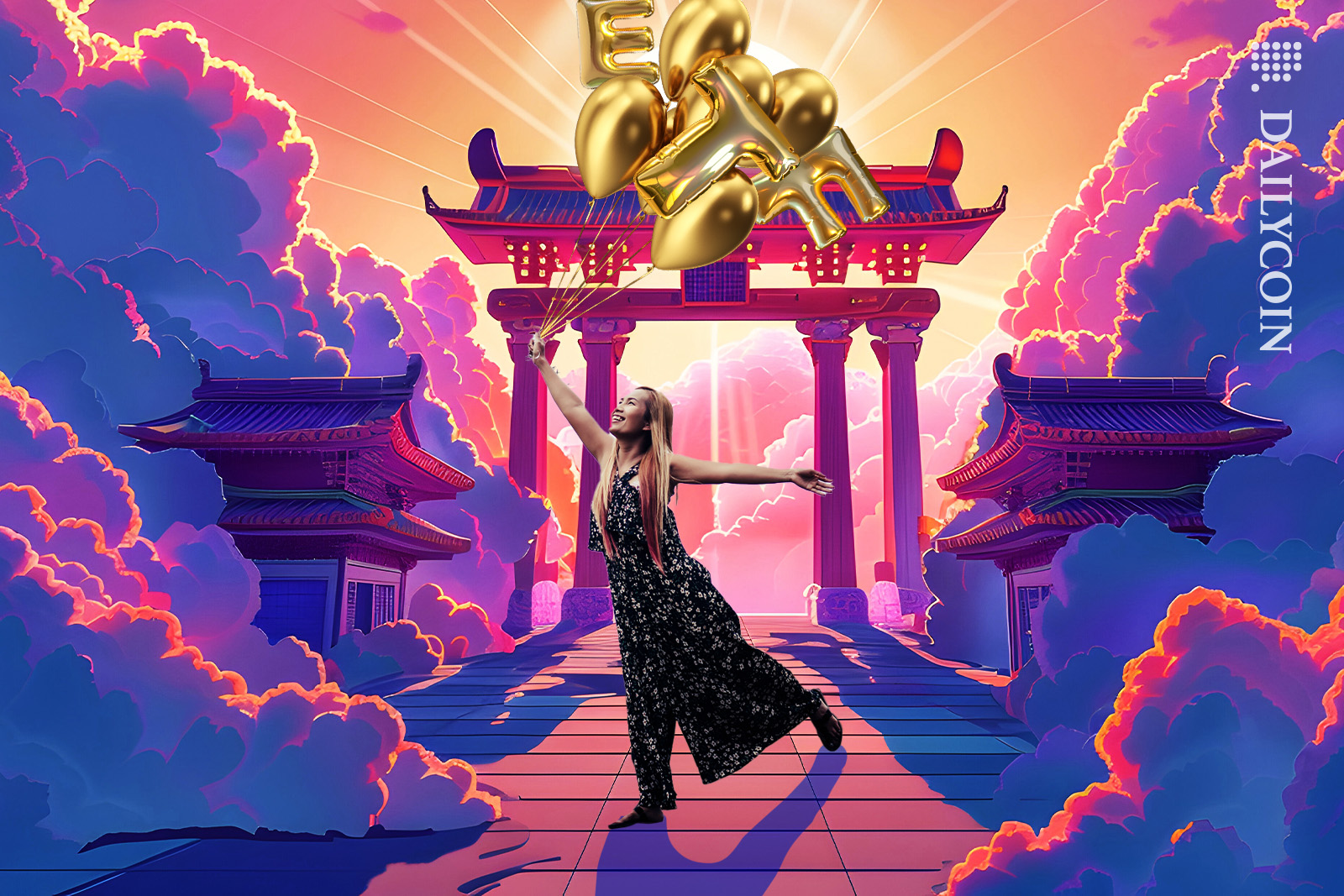 Girl celebrating ETF outside a temple in Asia up in the sky.