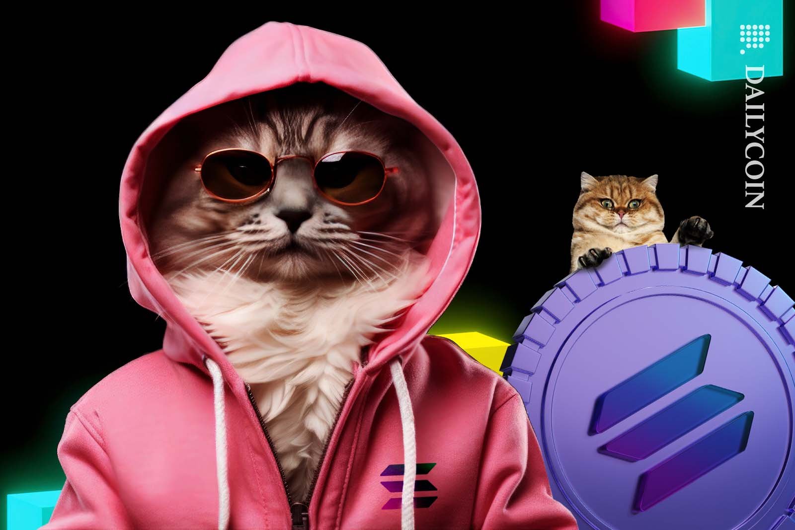Two meme cats rolling in Solana coins.