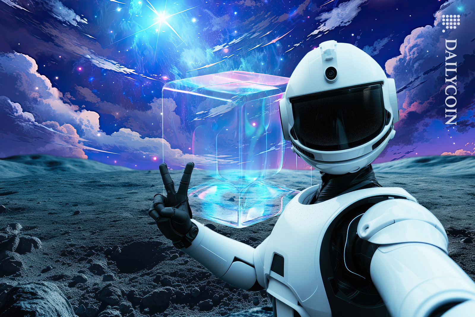 Robot taking a picture with a glass block in space.