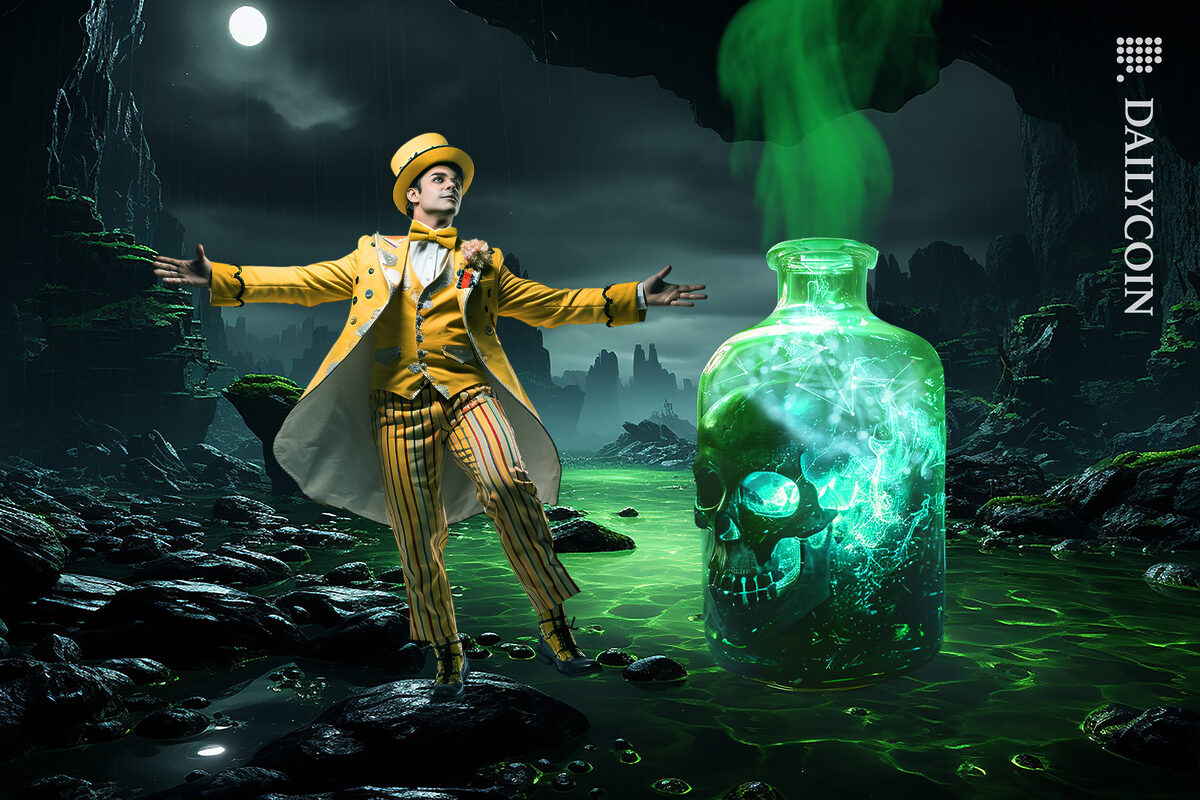 A trickster guy playing around with toxic blockchain potion.