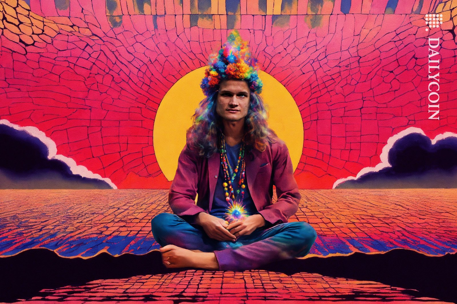 Vitalik Buterin dressed as a hippy on a trippy painting.
