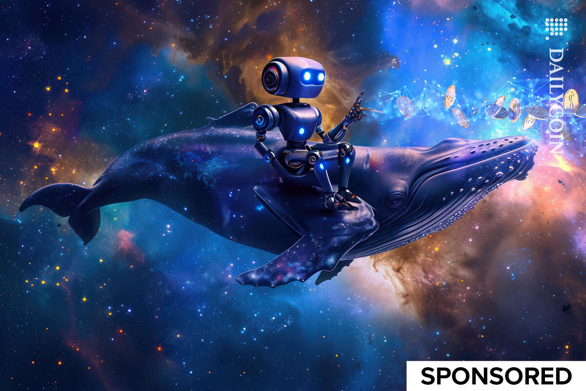 Robot sitting on a whale in space, mooving some coins for it.