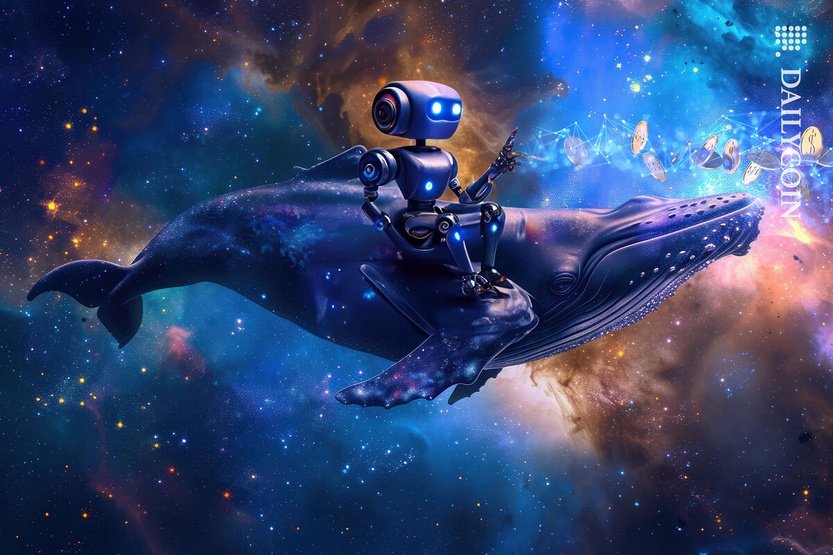 Robot sitting on a whale in space, moving some coins for it.