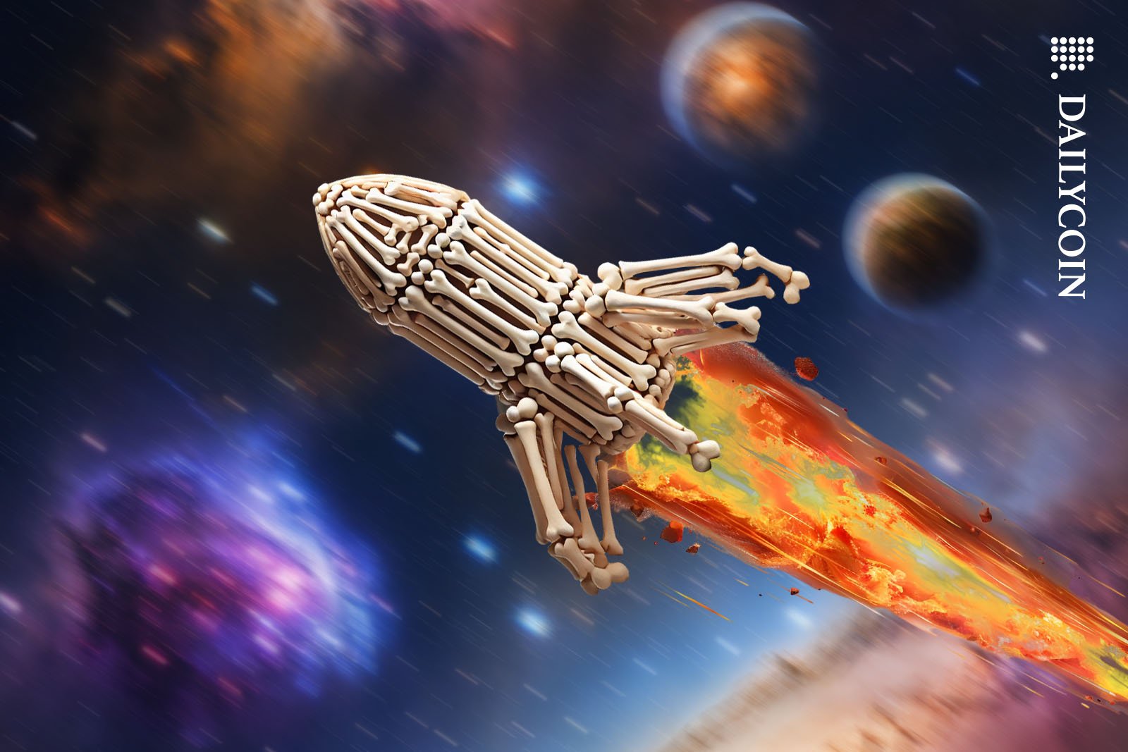 A rocket made of bones speeding through space.