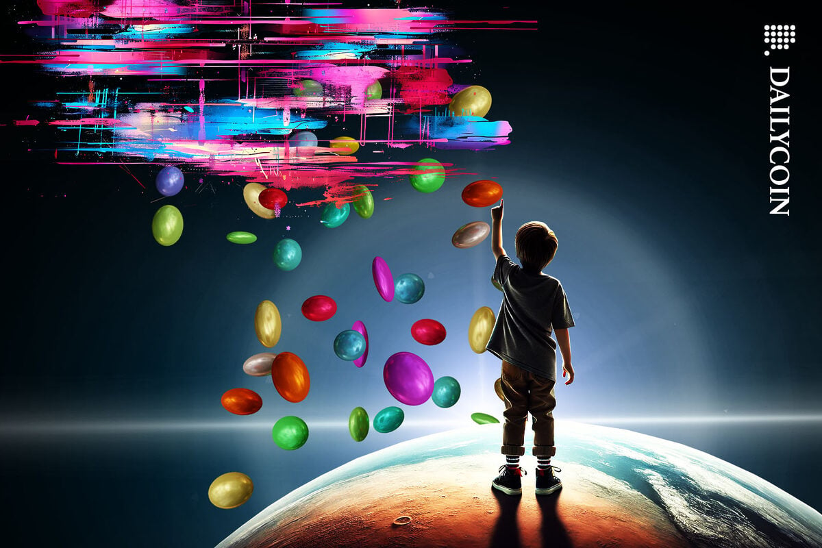 A kid reaching for a colourful cloud with unresistabe candy raining from it.